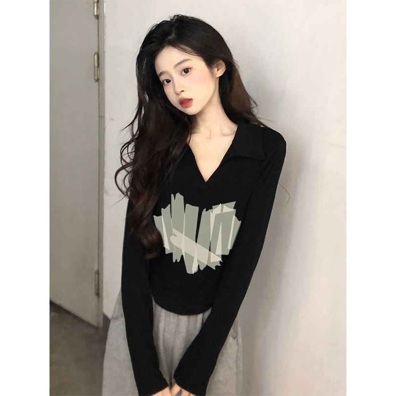 設計感短款上衣秋季女2023新款修身純棉黑色polo領長袖t恤打底衫