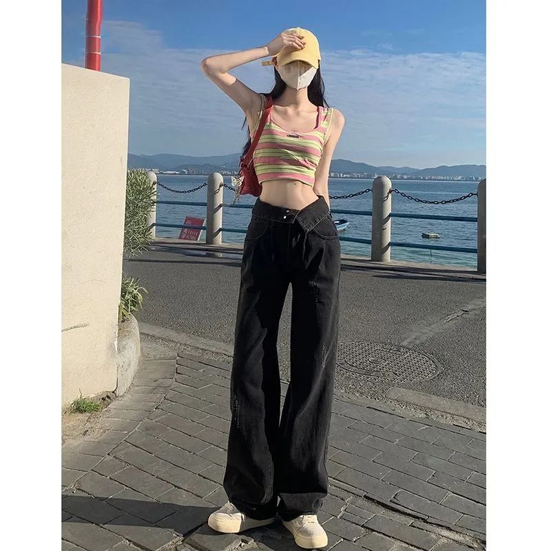 美式復古闊腿牛仔褲女2023秋冬新款高腰寬鬆顯瘦設計感垂感直筒褲