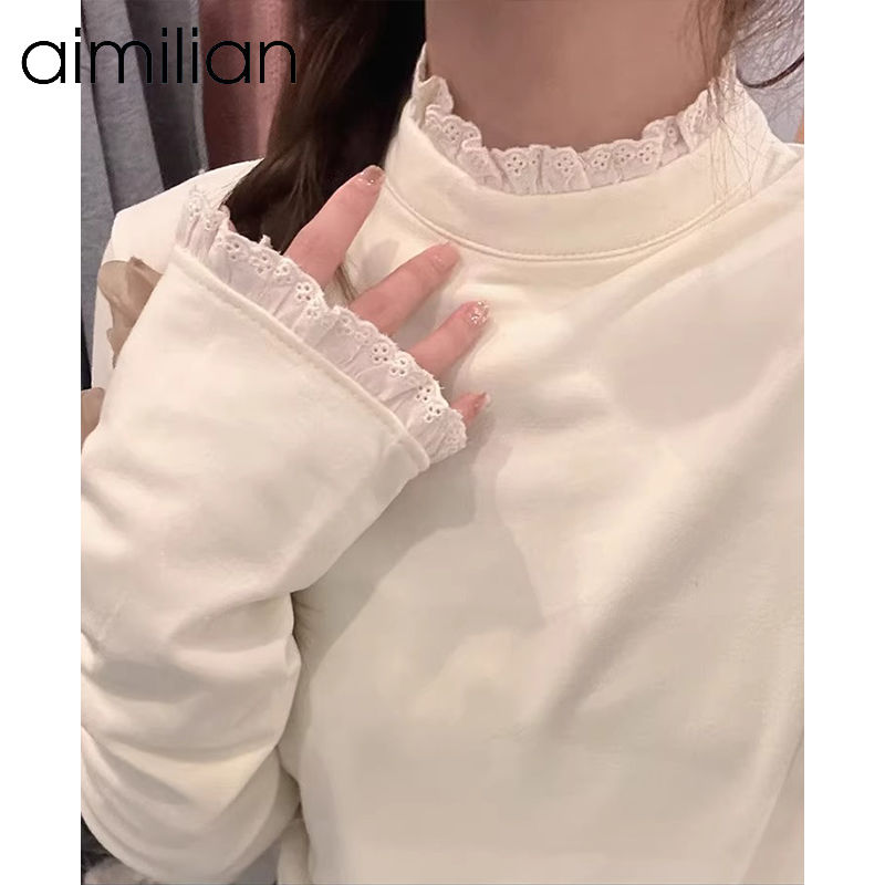 aimilian蕾絲拼接半高領打底衫女秋冬內搭加絨磨毛長袖t恤上衣潮
