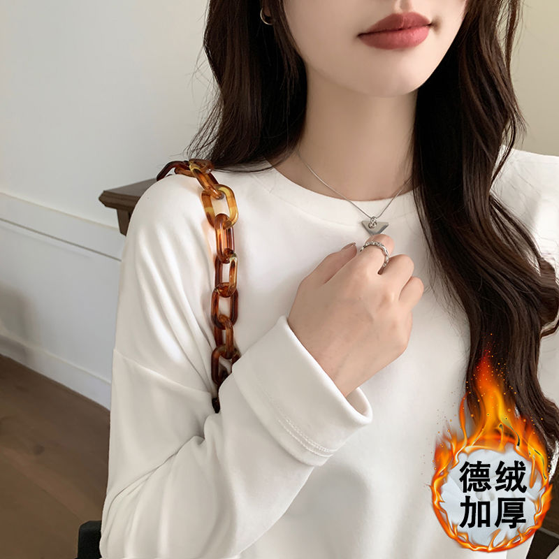 2023加厚雙面徳絨圓領白色打底衫女加絨秋冬磨毛內搭純色寬鬆T恤