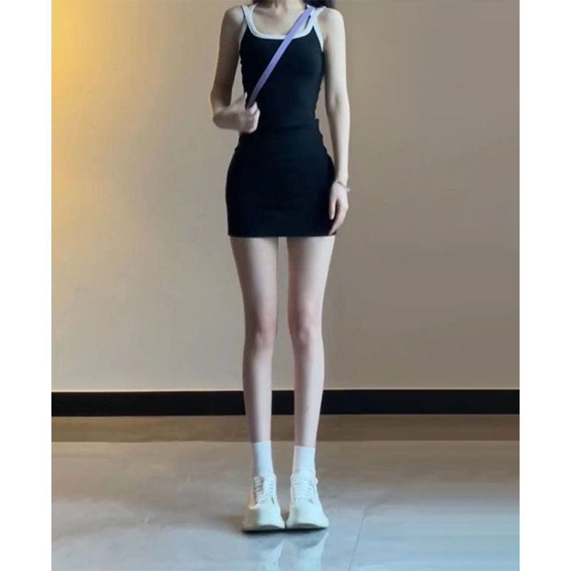 美式甜辣妹吊帶連衣裙女夏季緊身收腰顯瘦撞色小眾包臀背心短裙子