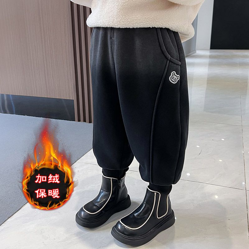 女童洋氣束腳冬季加絨休閒褲外穿寶寶黑色加厚褲子2023新款冬裝潮