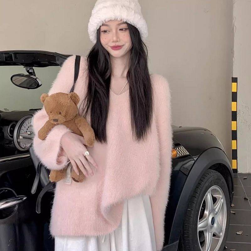 秋冬新款溫柔風純色仿貂絨寬鬆軟糯高級感針織衫毛衣女套頭上衣女