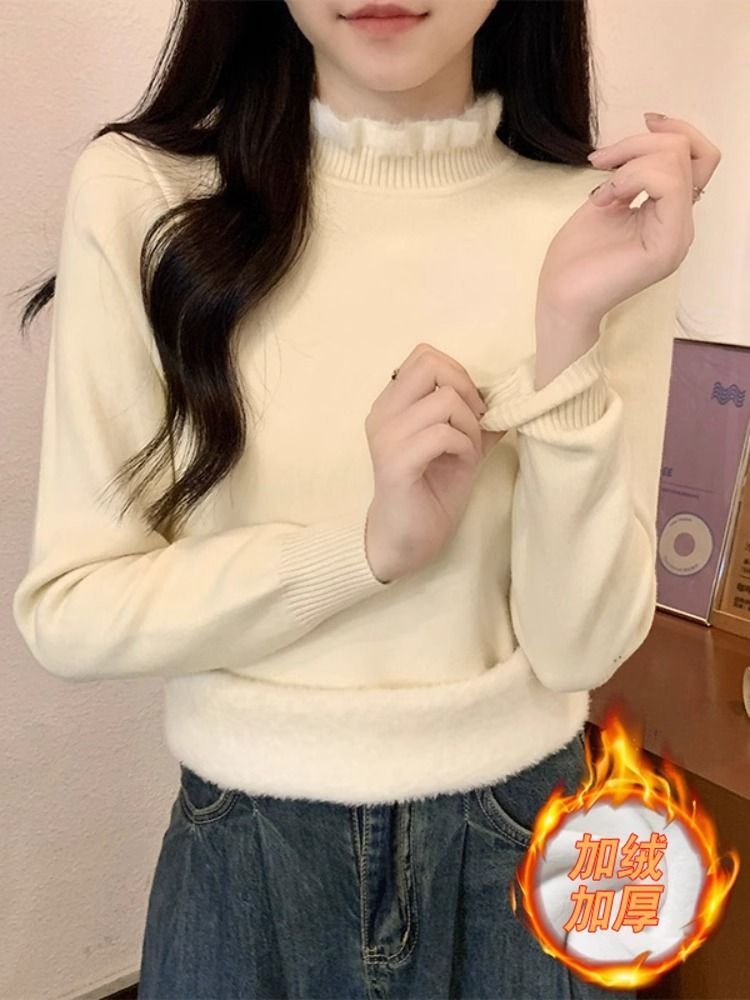 2023新款純色加絨保暖內搭上衣韓版半高領木耳邊針織毛衣女秋冬季