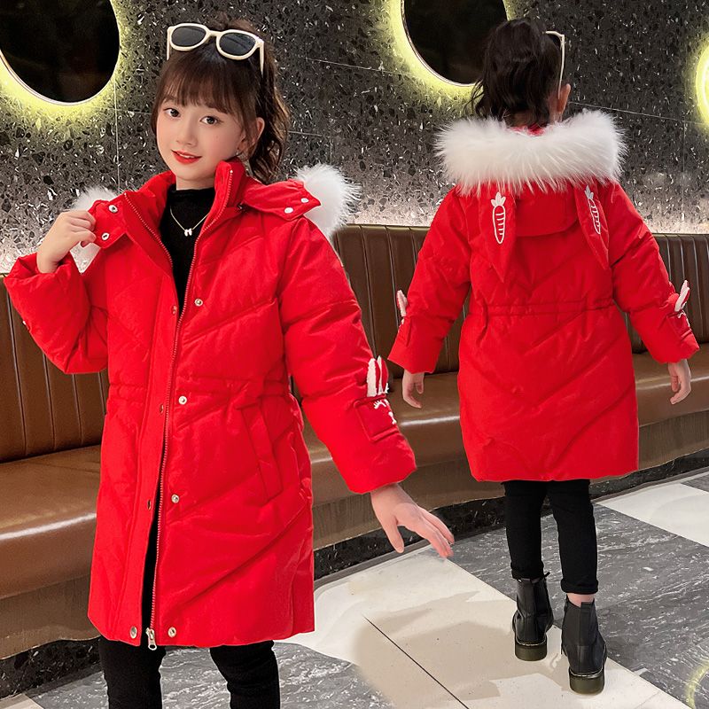 女童紅色棉服冬裝2023新款洋氣棉襖公主風厚外套大兒童中長款棉衣