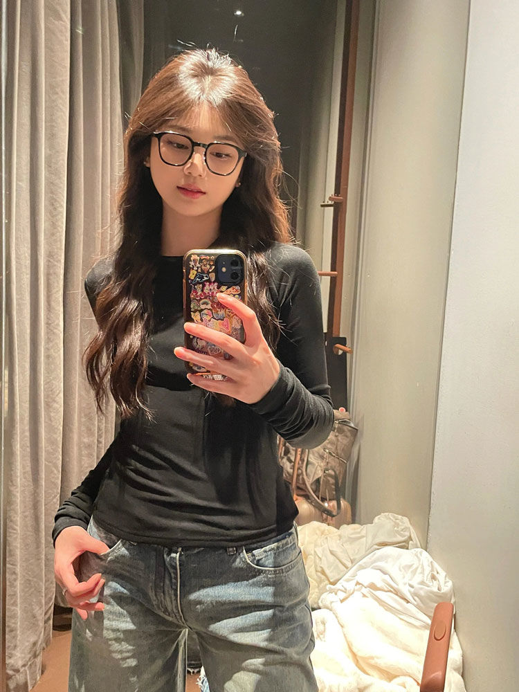 辣妹黑色緊身打底衫女秋冬季內搭修身顯瘦設計感小眾長袖t恤上衣