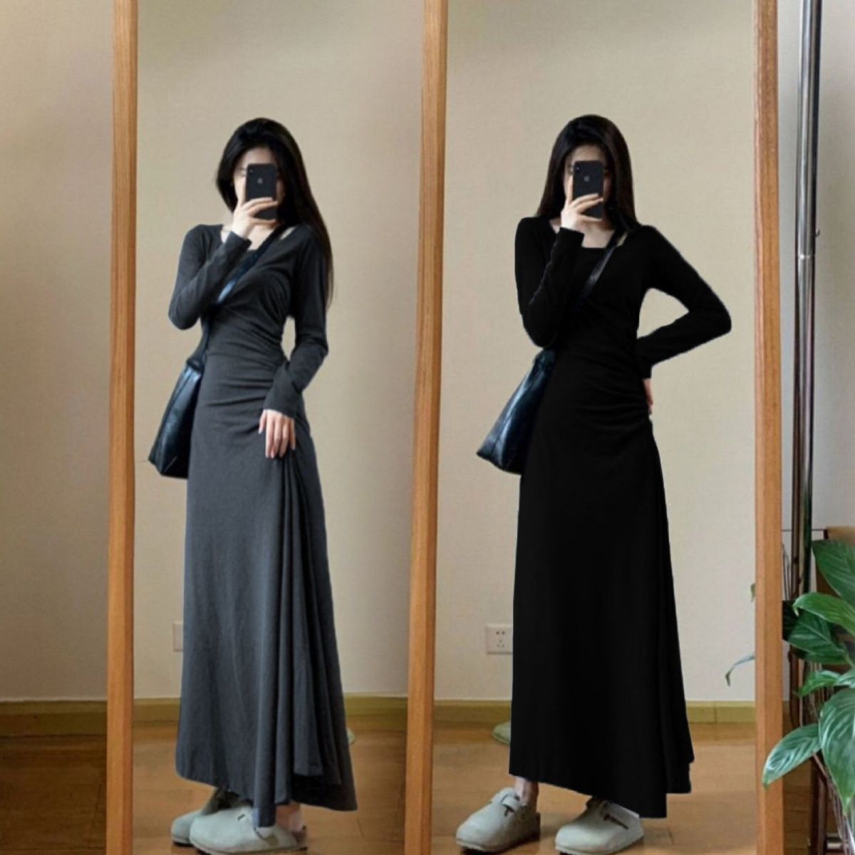 純欲氣質方領褶皺設計連衣裙子女秋冬2023新款高級感收腰顯瘦長裙