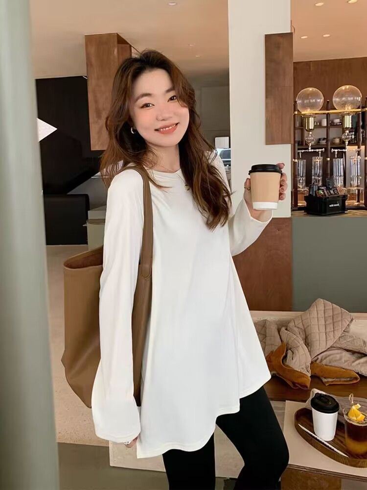 純色軟糯親膚雙面德絨圓領長袖T恤女秋冬內搭保暖打底衫加厚上衣