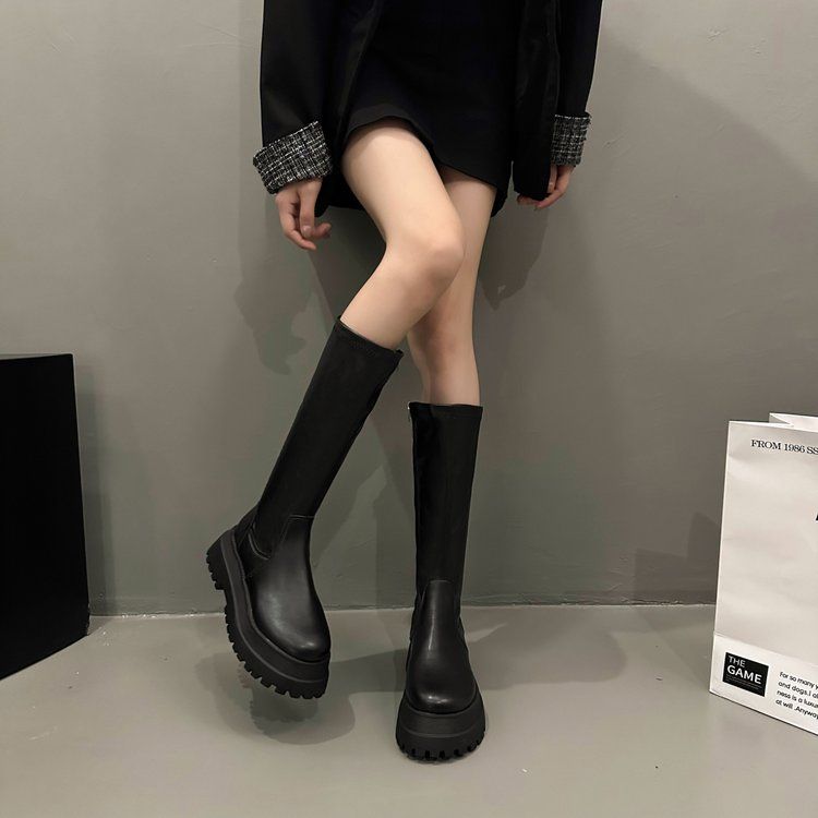 Thick-soled long boots, elastic boots, women's tall knight boots, skinny boots, small people's knee-high boots