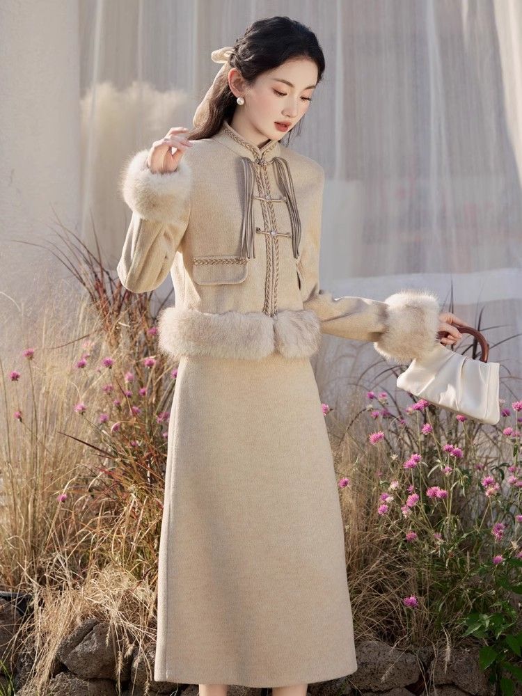 Retro Republic of China style high-end young style plus velvet and thickened beautiful cheongsam jacket new Chinese style national style two-piece winter suit