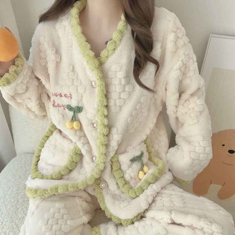 珊瑚絨秋冬季毛絨睡衣女款2023新款加厚保暖加絨可愛法蘭絨家居服