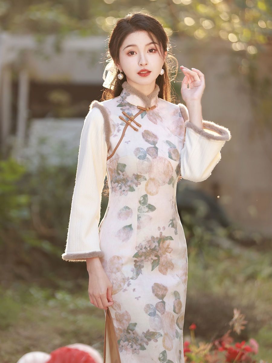 長袖旗袍2023新款女秋冬季新中式改良年輕款連衣裙加絨加厚女冬款