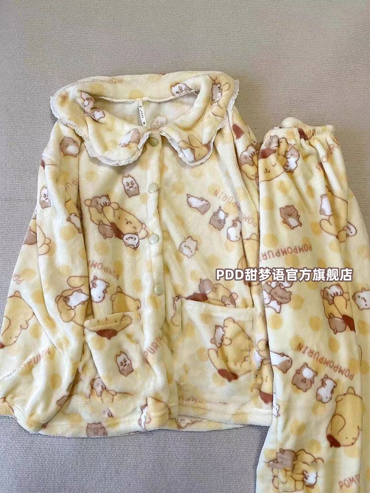 Warm flannel pajamas for women in winter thickened coral velvet lace pudding dog cartoon dormitory style home clothes set