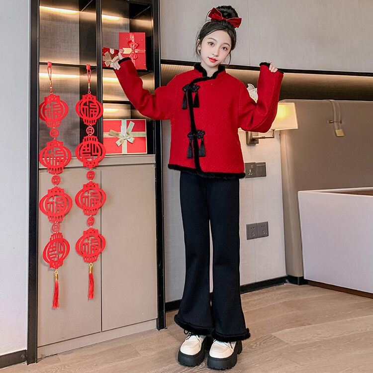 女童唐装上衣外套加绒加厚9儿童拜年服红色汉服中国风小学生年服8