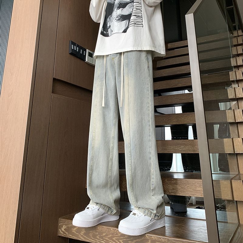 黃泥牛仔褲男款秋冬季加絨美式高街潮流百搭闊腿直筒oversize褲子