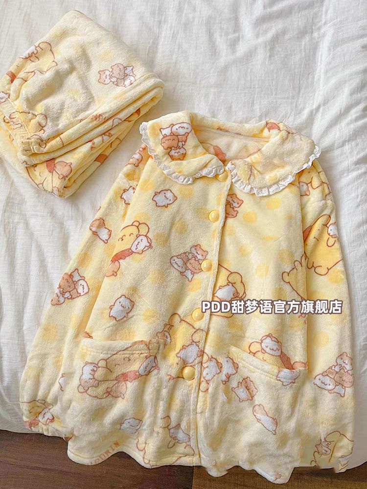 布丁狗珊瑚絨睡衣女冬季加厚法蘭絨蕾絲花邊保暖可外穿家居服套裝