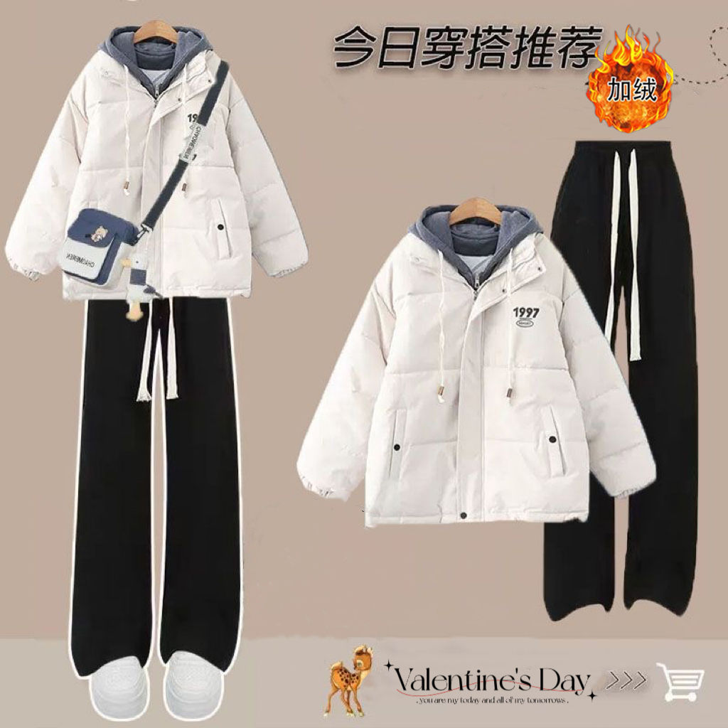 2023冬季套裝女學生韓版寬鬆假兩件棉服外套+加絨闊腿褲ins兩件套