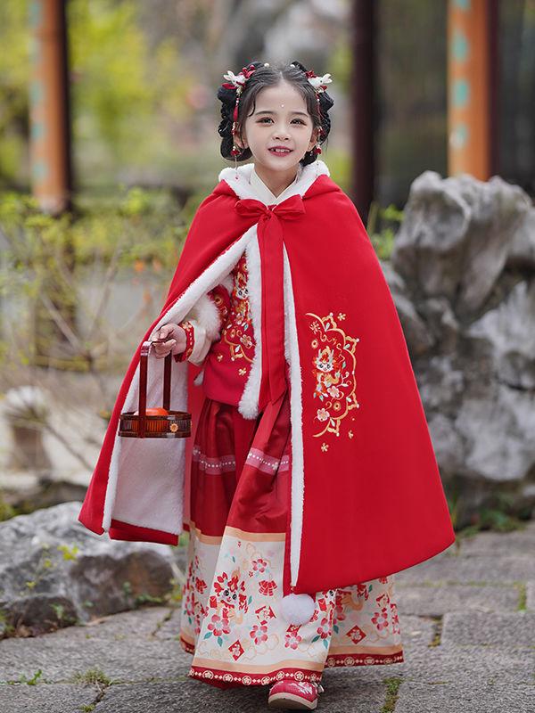 兒童斗篷女童寶寶披風漢服拜年服中國風秋冬加絨保暖外出防風古裝
