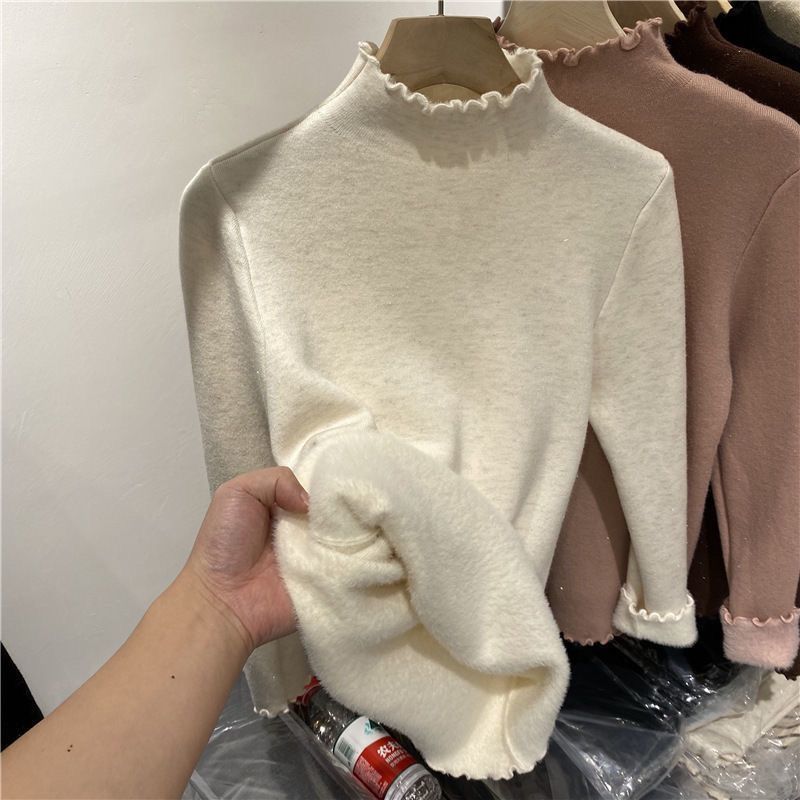 半高領毛衣木耳邊秋冬季一體絨保暖洋氣上衣打底衫加絨加厚女修身