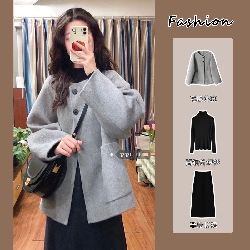 Suit women's autumn and winter small fragrance woolen coat top high collar bottoming sweater high waist a line skirt