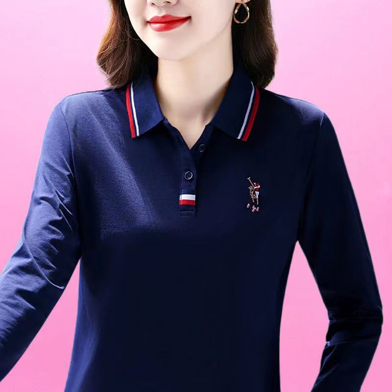 撿漏~專櫃撤回春秋長袖t恤翻領寬鬆有領polo衫女媽媽休閒上衣