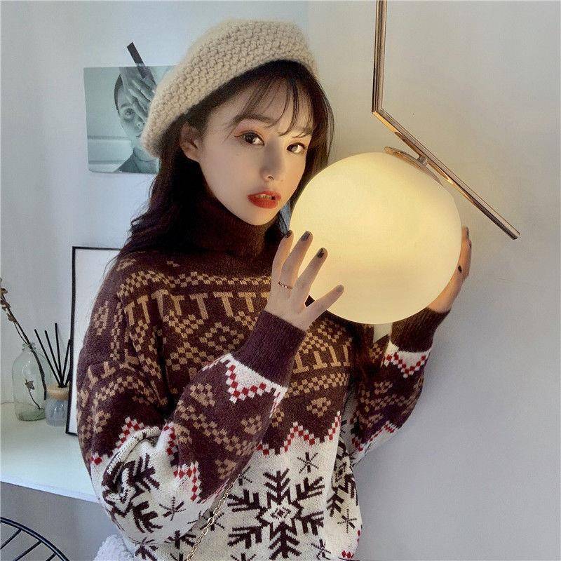 秋冬新款寬鬆慵懶風高領套頭保暖外穿內搭聖誕節雪花針織毛衣女裝