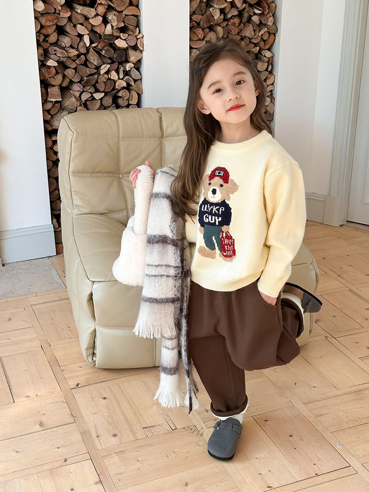 韩国女童针织衫秋冬季新款儿童软糯绵羊绒小熊毛衣宝宝加厚上衣潮