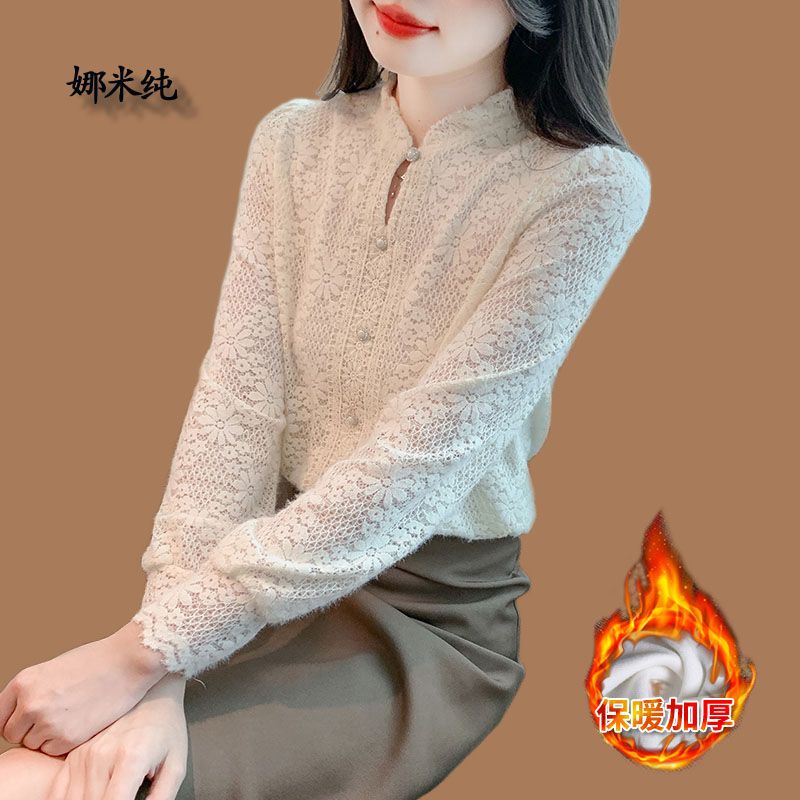 加絨磨毛襯衫蕾絲打底衫女冬季2023秋冬裝新款襯衣顯瘦高級感上衣