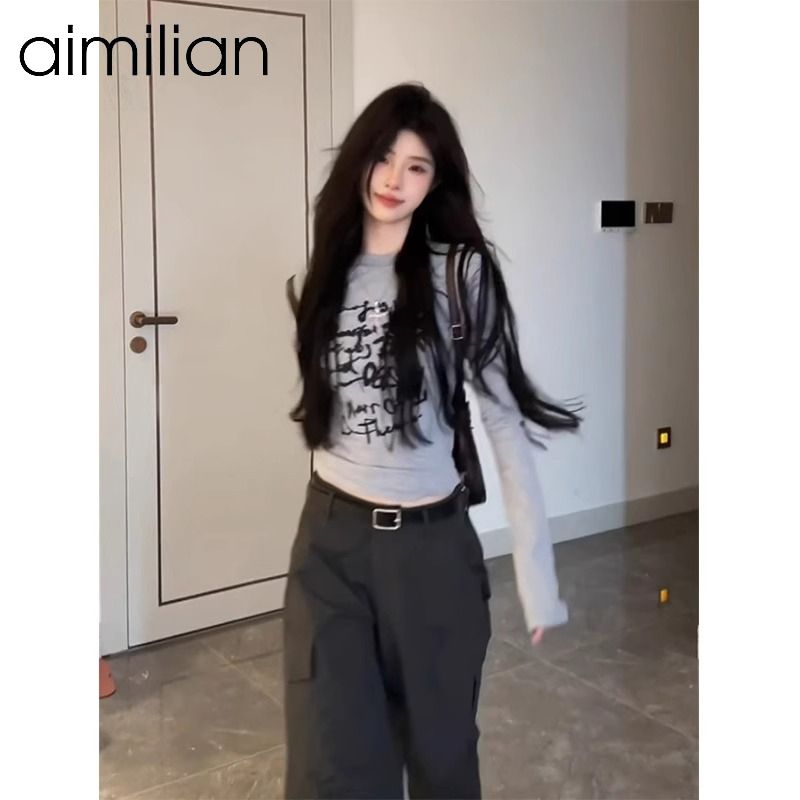 aimilian美式復古正肩長袖t恤女秋冬修身顯瘦打底衫內搭辣妹上衣