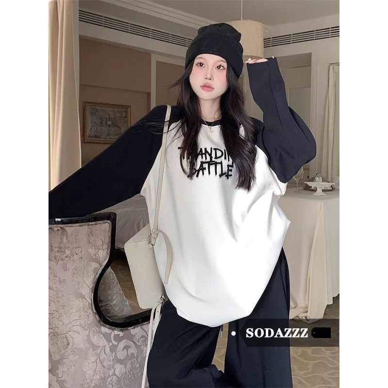 SODAZZZ寬鬆百搭圓領套頭上衣女秋冬季拼接撞色字母印花T恤打底衫