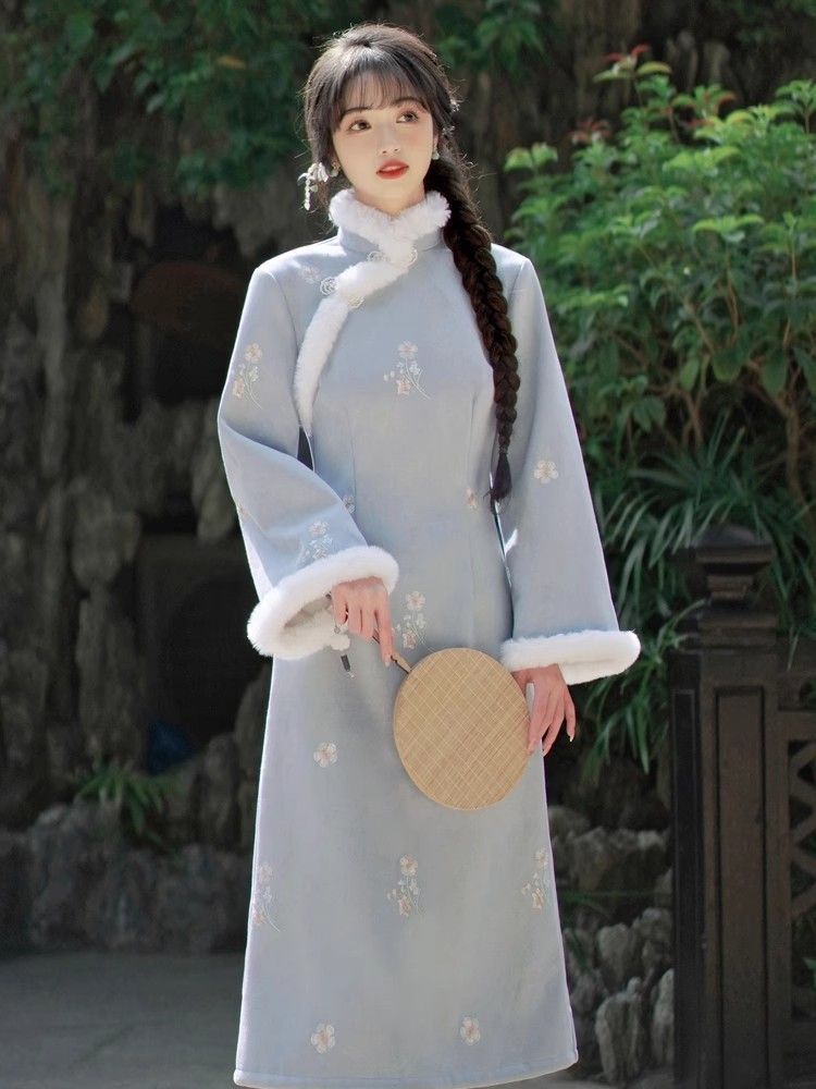 秋冬2023高端新中式復古民國風年輕款少女氣質加絨旗袍改良連衣裙