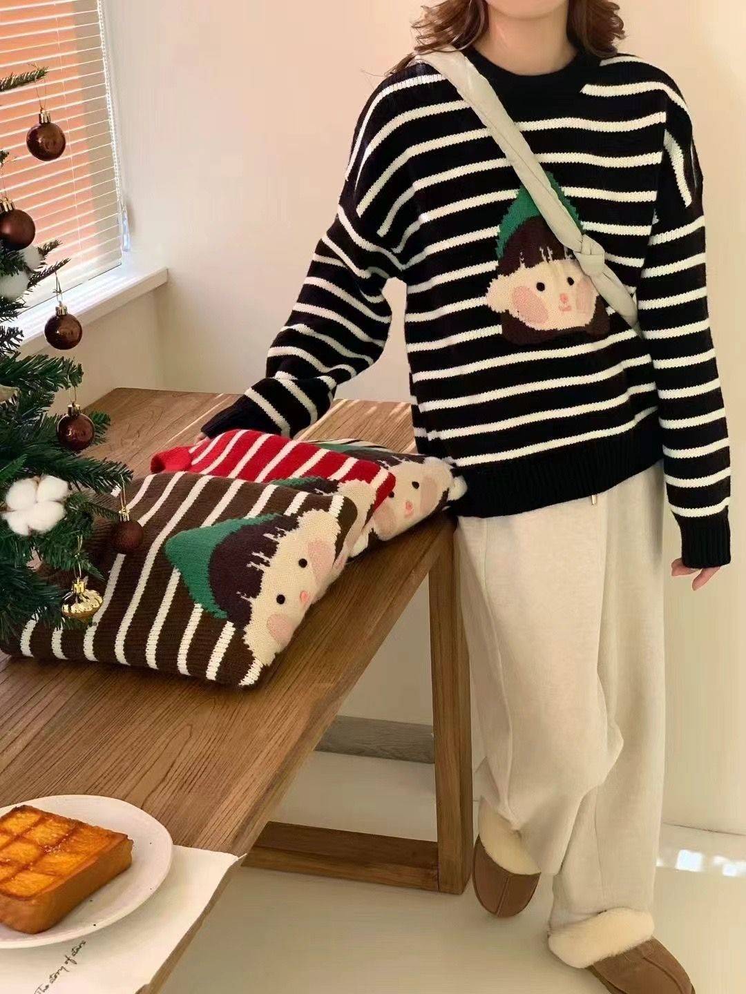 秋冬季新款百搭刺繡寬鬆韓系條紋圓領提花針織衫遮肉顯瘦上衣女裝