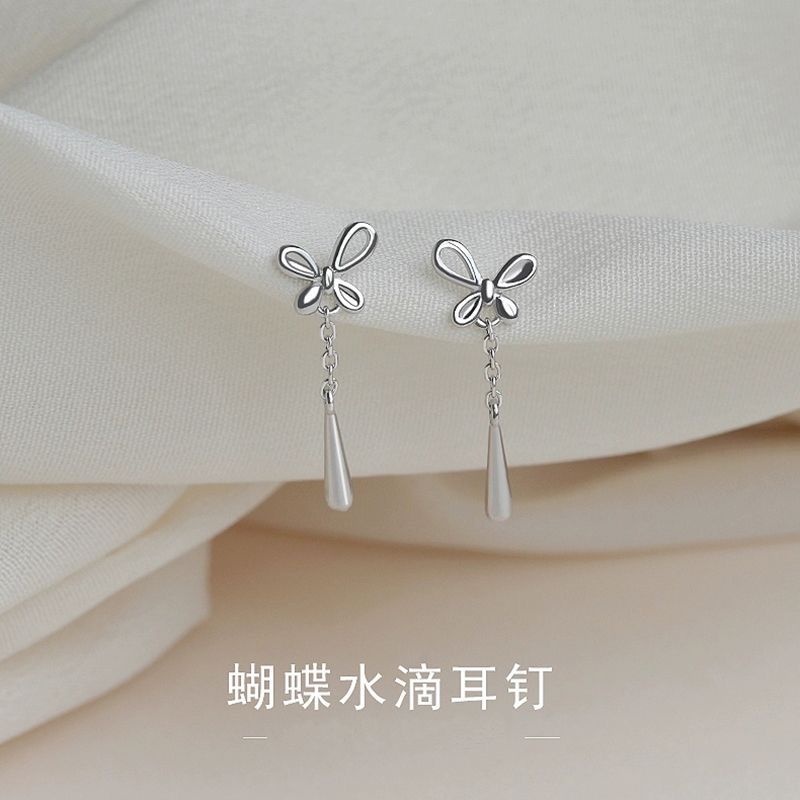 925銀針蝴蝶水滴流蘇耳釘小眾高級感顯臉廋耳環簡約超仙氣質耳墜