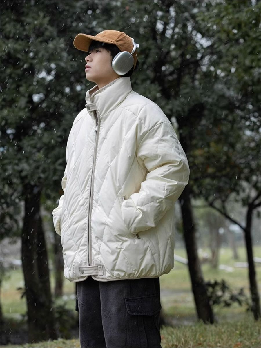 Muszoom美式秋冬季加厚學院風立領菱格棉服寬鬆百搭休閒棉衣外套