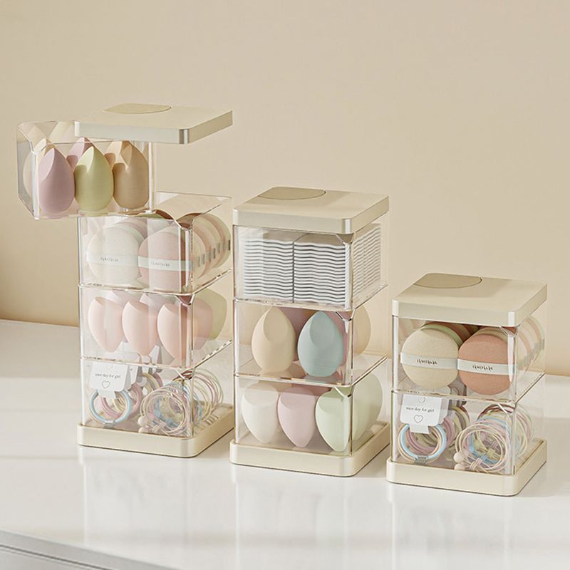化妆品收纳盒透明可旋转防尘粉扑盒子桌面化妆棉美妆蛋首饰置物架