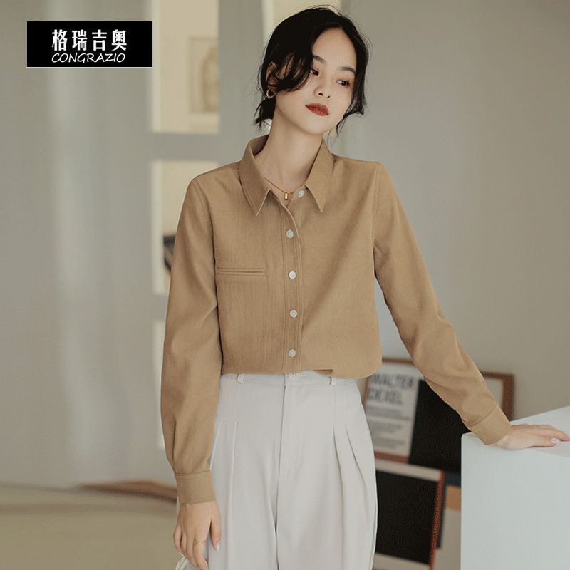 CONGRAZIO/格瑞吉奧加厚襯衫女打底秋冬復古通勤疊穿港風長袖上衣