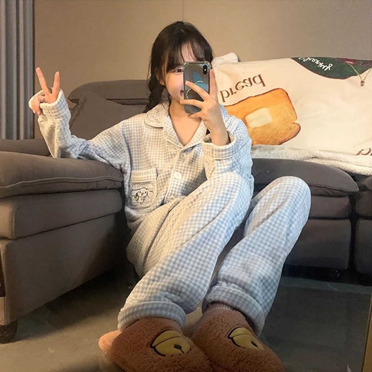 日系ins格子卡通睡衣少女秋冬季珊瑚絨加厚加絨可愛法蘭絨家居服