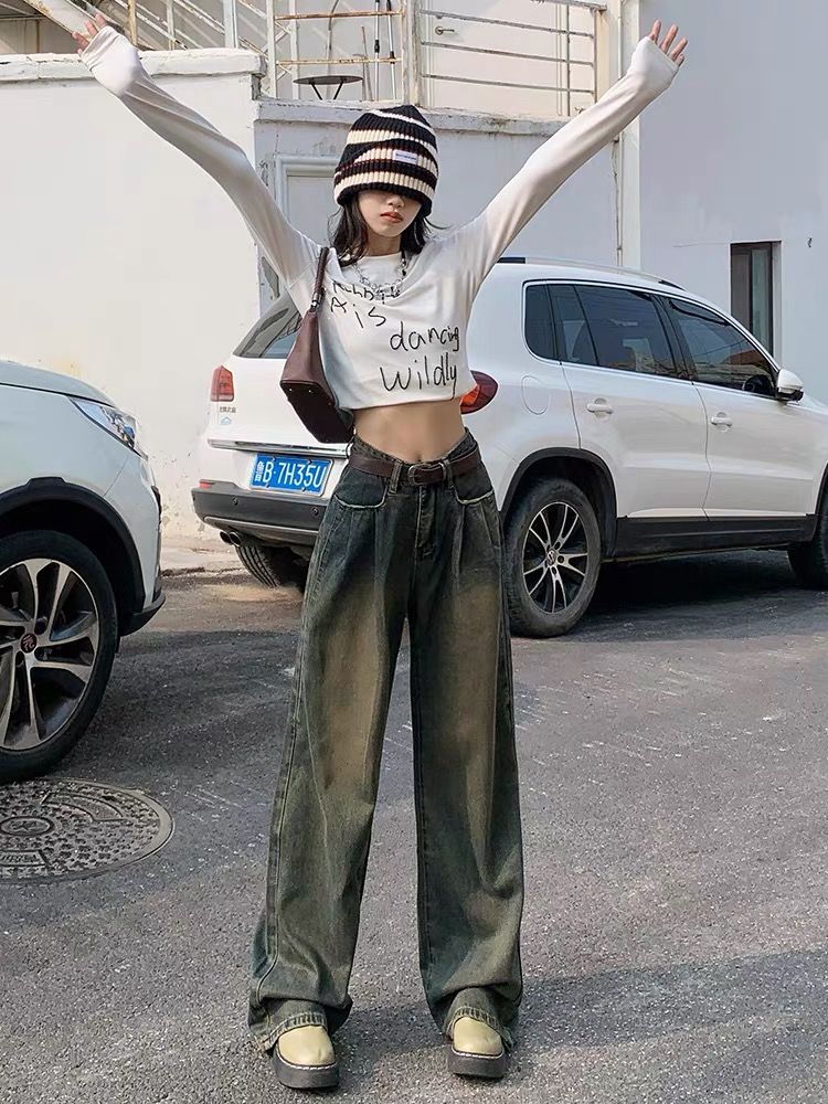 美式復古高腰闊腿牛仔褲女寬鬆顯瘦直筒2023秋冬新款做舊拖地長褲