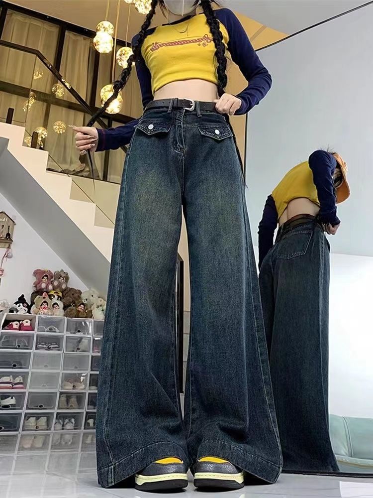 美式高街闊腿牛仔褲女秋冬新款復古高腰寬鬆顯瘦垂感直筒拖地褲子
