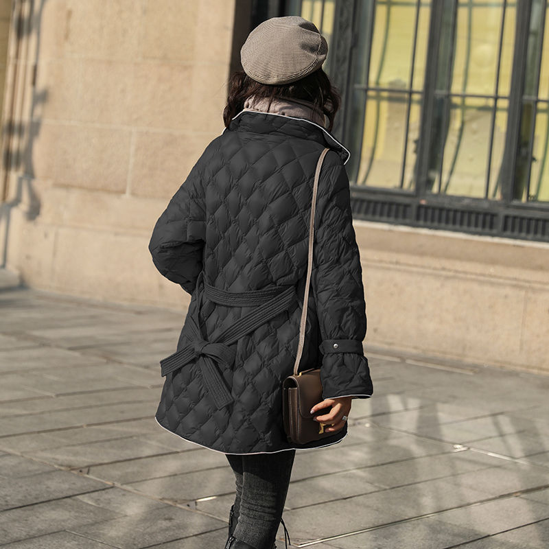 冬季小香风菱格羽绒棉服女装韩版高端气质宽松绑带中长款棉衣外套