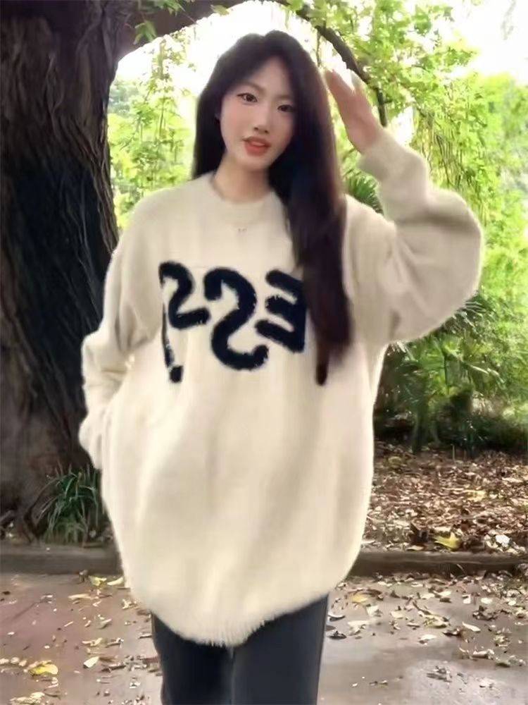 秋冬溫柔風軟糯字母提花毛衣學生寬鬆外穿圓領套頭針織衫上衣女裝