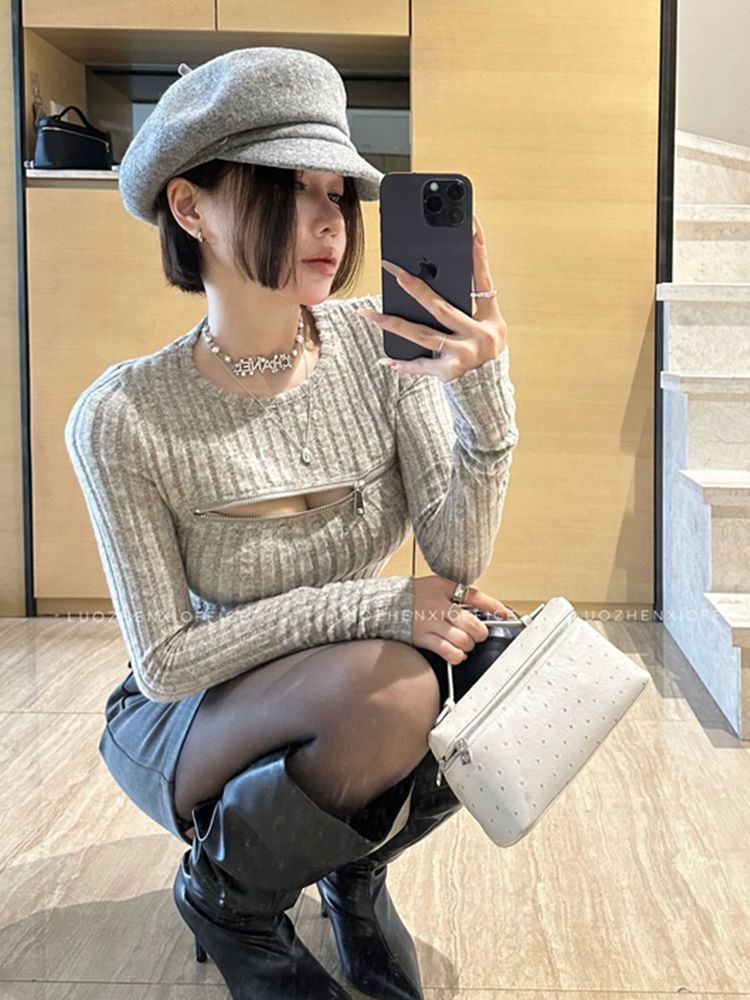 純欲辣妹鏤空顯胸針織上衣女秋冬季新款時尚拉鏈內搭打底衫毛衣潮