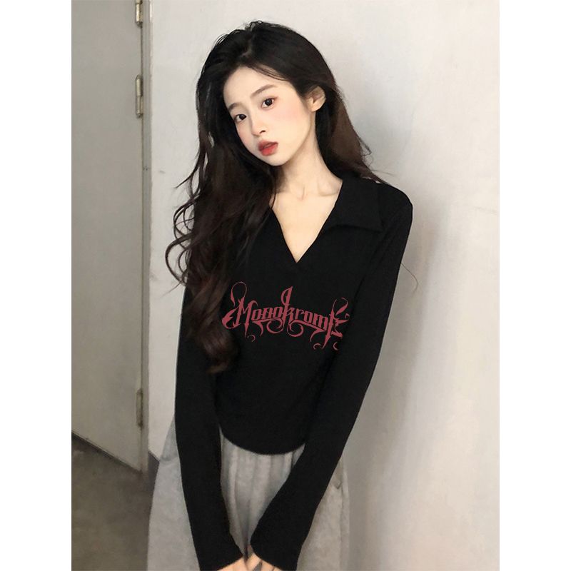 設計感短款上衣秋季女2023新款修身純棉黑色polo領長袖t恤打底衫