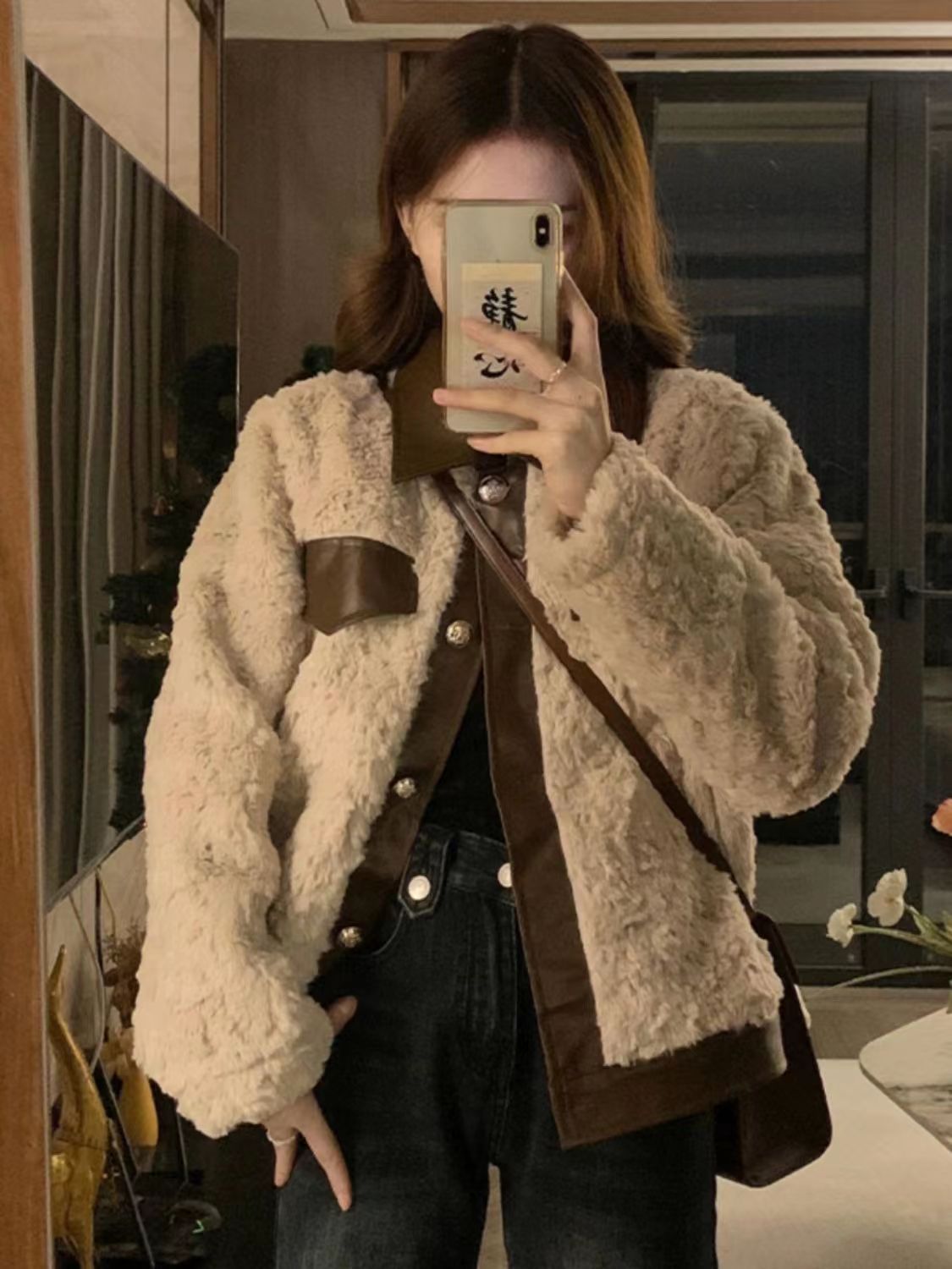 皮毛一體小香風外套女秋冬新款復古拼皮短款羊羔毛棉服小個子加厚