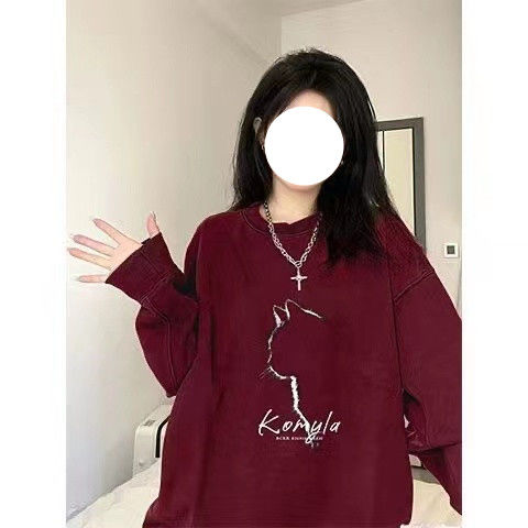 無帽薄款酒紅色衛衣女秋冬2023新款美式港風ins風加絨慵懶風上衣