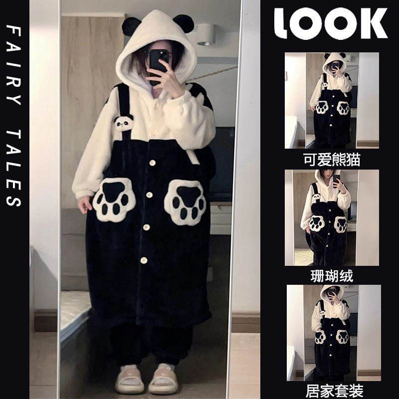可愛熊貓珊瑚絨連帽睡衣女秋冬款加絨加厚保暖網紅睡袍家居服套裝