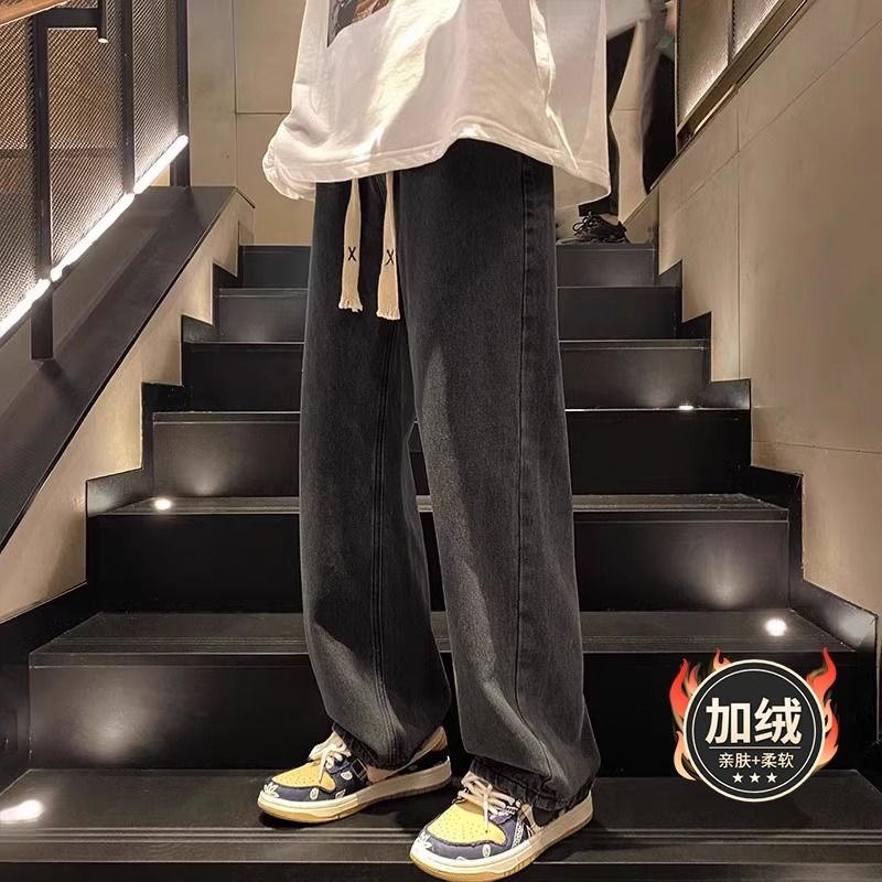 加絨復古牛仔褲男款秋冬直筒寬鬆潮牌闊腿美式高街潮流休閒長褲子