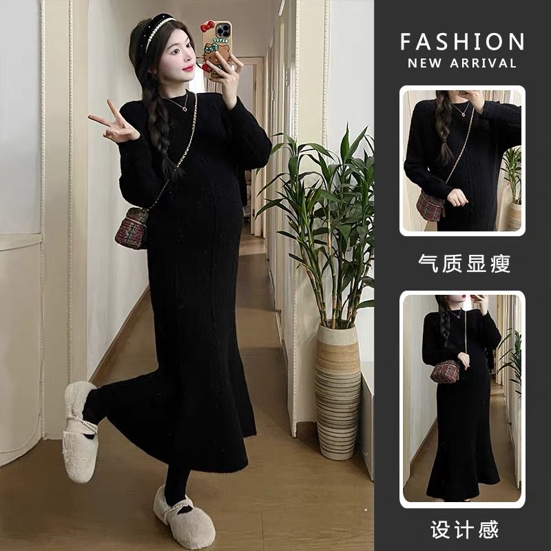 Maternity wear autumn and winter fashion high-end thickened inner long-sleeved round neck knitted fishtail long skirt women's plus size dress