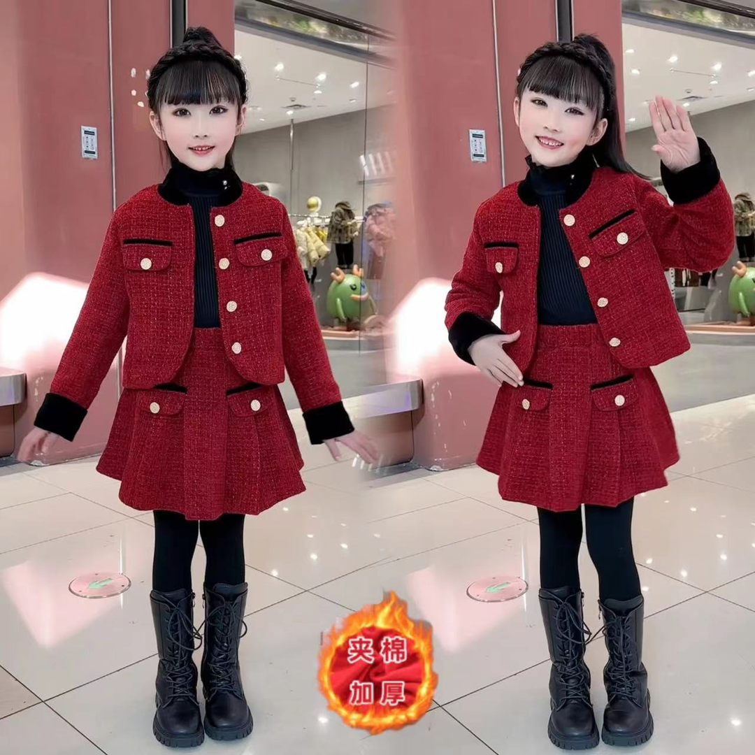 女童小香風套裝夾棉秋冬裝2023新款兒童時髦冬裝兩件套洋氣拜年服