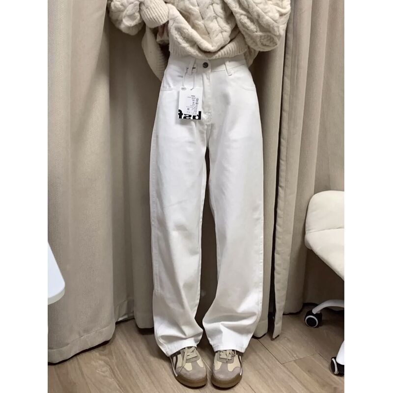 美式復古白色闊腿牛仔褲女秋冬ins新款高腰顯瘦直筒拖地長褲子潮